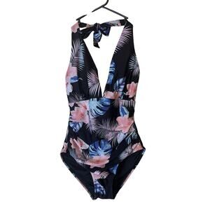 DKNY Swimsuit one piece black floral tropical hibiscus plunge halter sz L